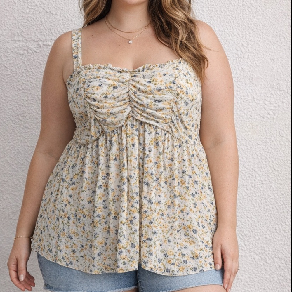 torrid Cream Floral Ruched Bust Tank Top